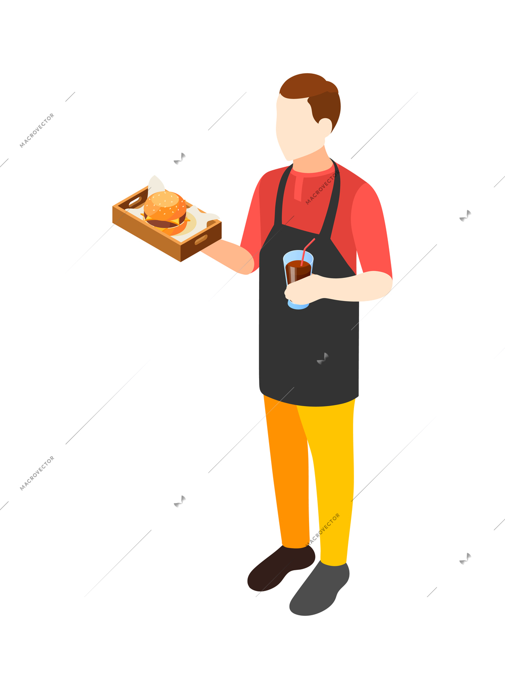 Burger house isometric with waiter character vector illustration