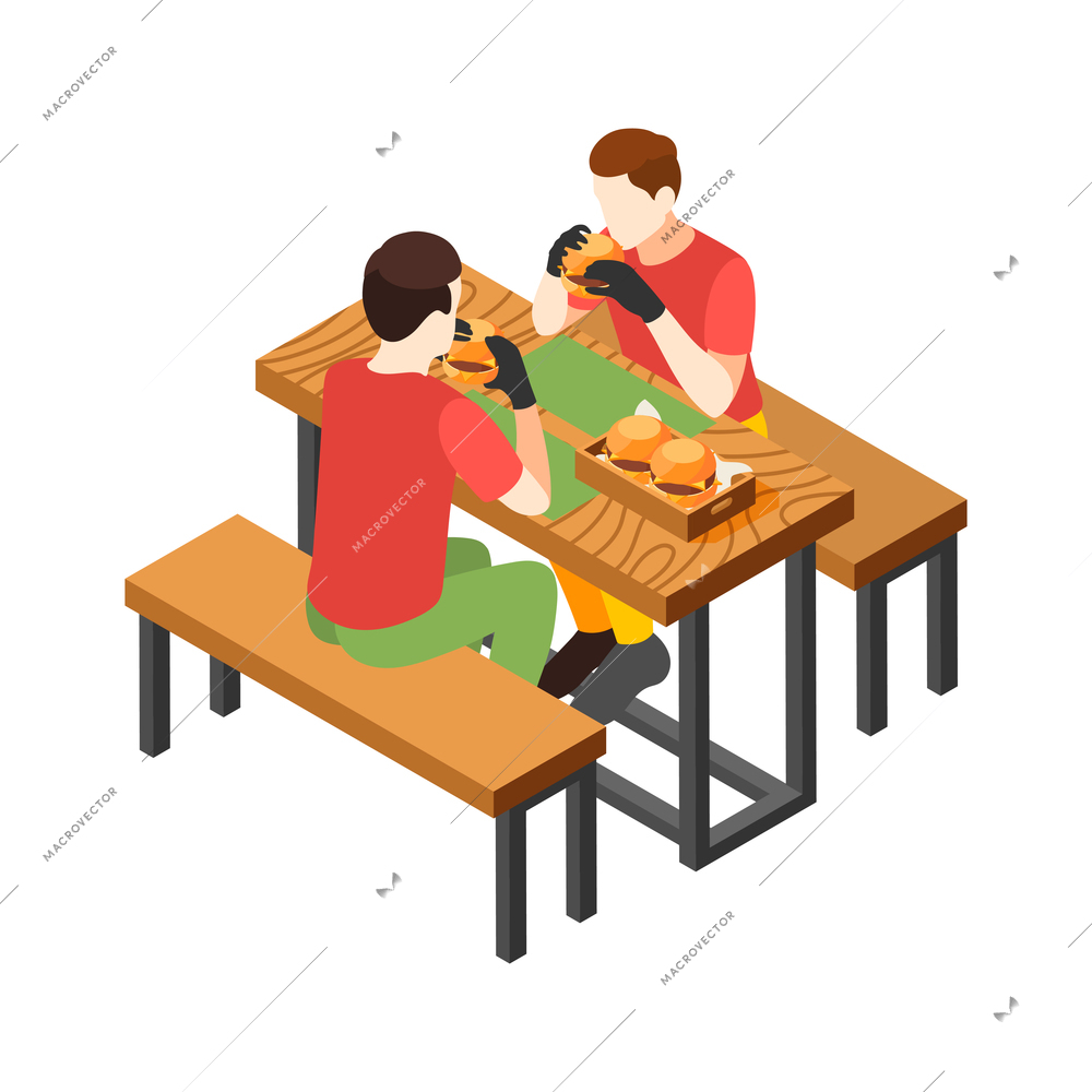 Burger house isometric with restaurant seats vector illustration