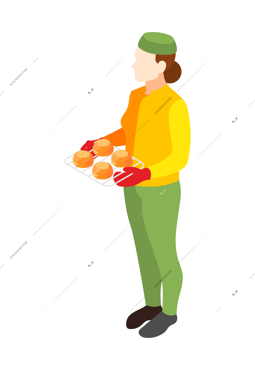 Burger house isometric with waiter character and food vector illustration