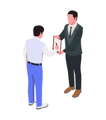 Insurance isometric agent with contract on blank background vector illustration