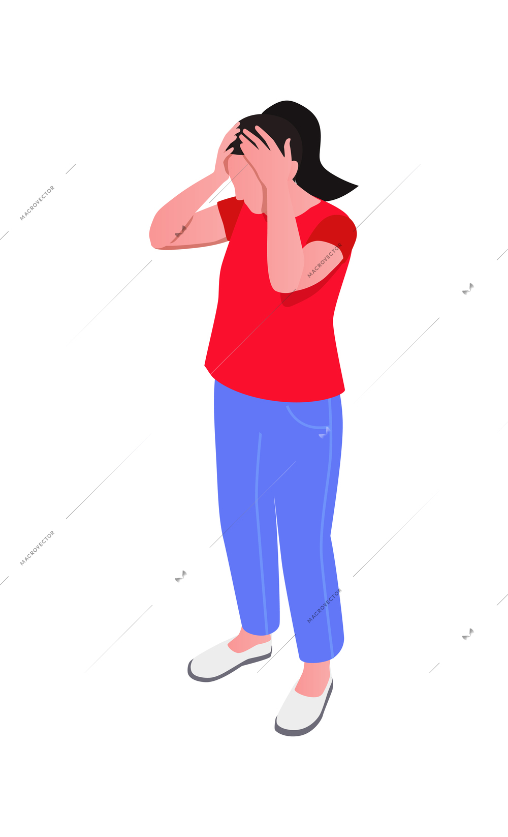 Worried woman with accident and insurance symbols isometric on blank background vector illustration