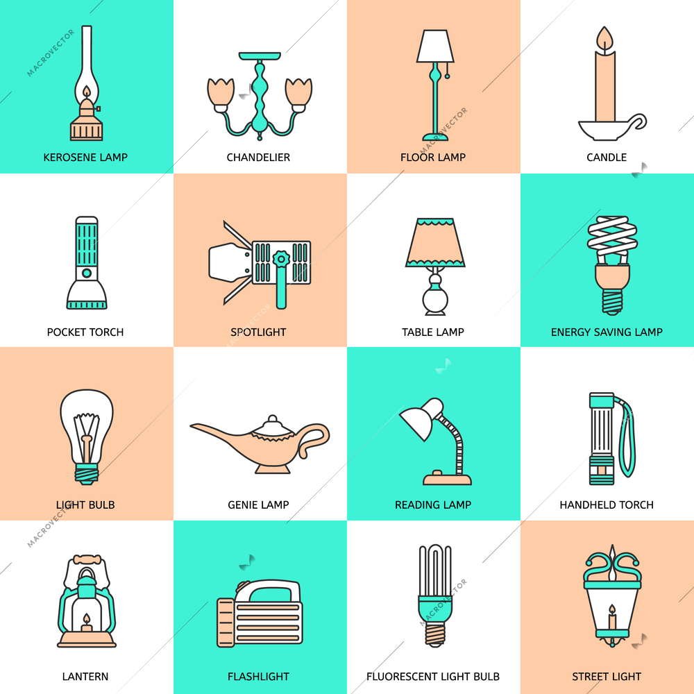 Flashlight and lamps light and illumination equipment icons flat line set isolated vector illustration