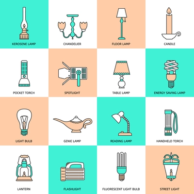 Flashlight and lamps light and illumination equipment icons flat line set isolated vector illustration