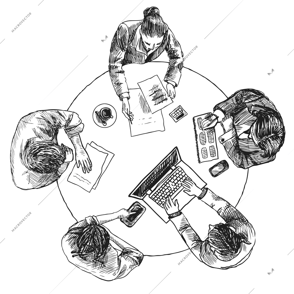 Business team meeting concept top view people on table sketch vector illustration