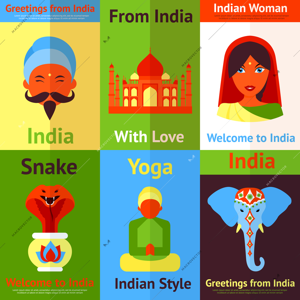 India travel culture religion yoga symbols mini posters isolated vector illustration