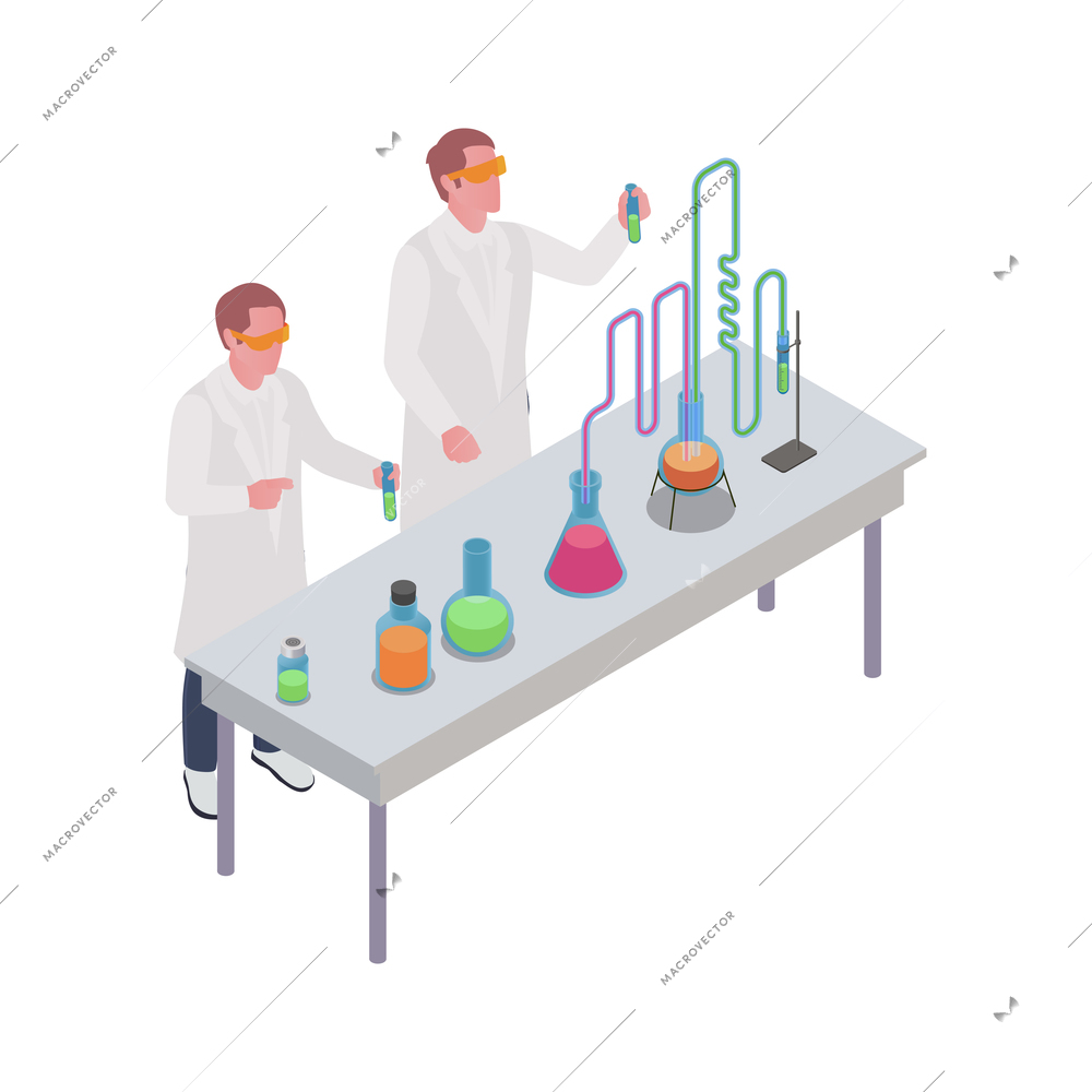 Pharmaceutical production with scientist characters with medical laboratory equipment vector illustration