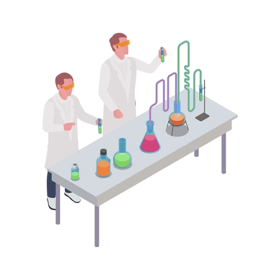 Pharmaceutical production with scientist characters with medical laboratory equipment vector illustration