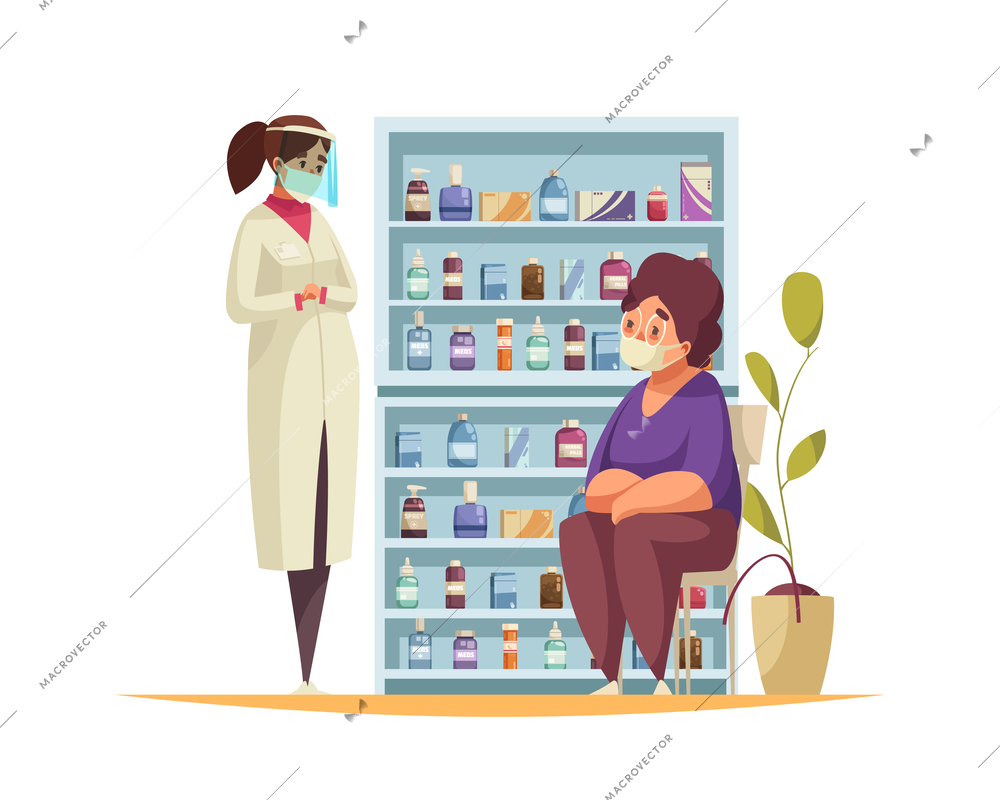 Pharmacy concept with medicine and pills symbols flat vector illustration