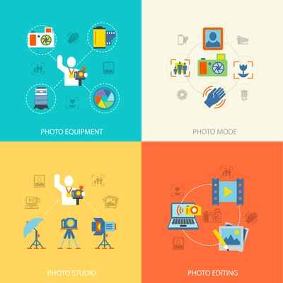 Photography photo equipment mode studio editing flat icons set isolated vector illustration