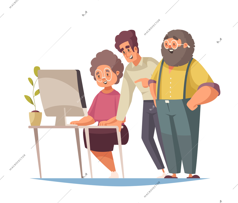 Grandma and grandpa concept with leisure and pastime symbols flat vector illustration