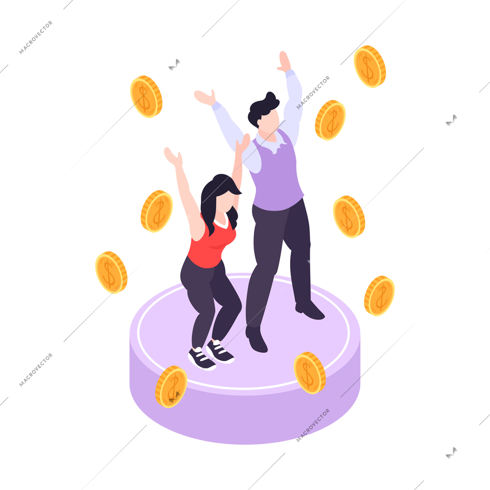 Isometric fortune lottery with characters of happy winners vector illustration