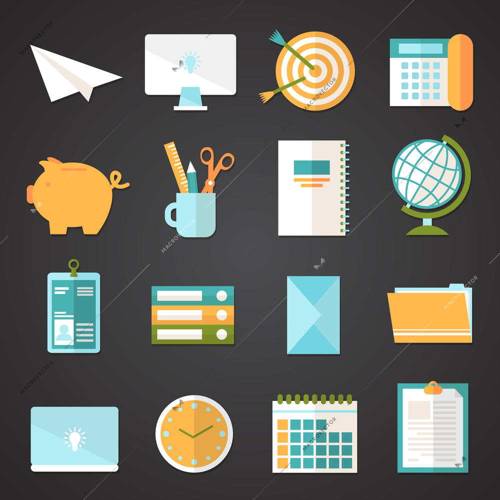 Office desk icons set of computer telephone and stationery isolated vector illustration