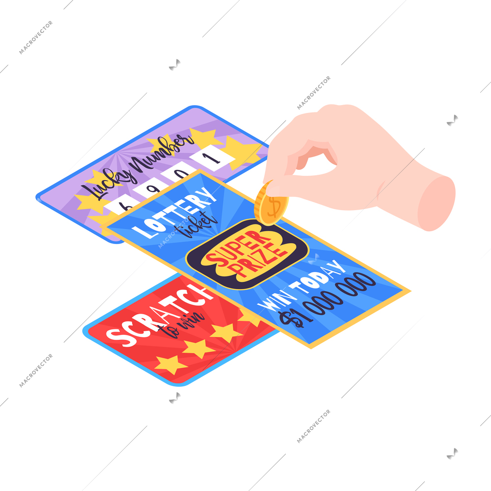 Isometric fortune lottery with raffle tickets chips vector illustration