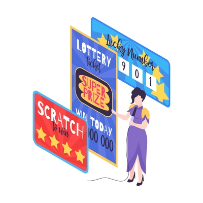 Isometric fortune lottery with raffle tickets chips vector illustration