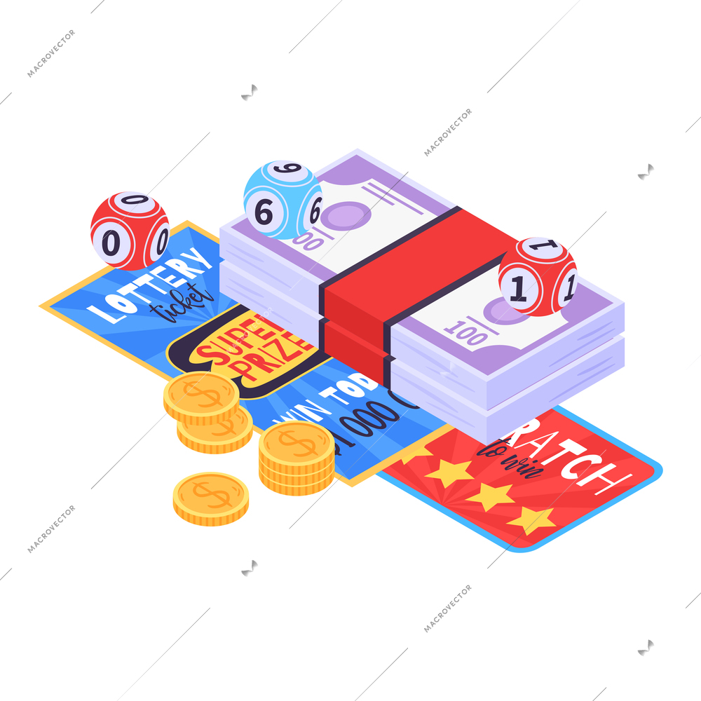 Isometric fortune lottery with raffle tickets vector illustration