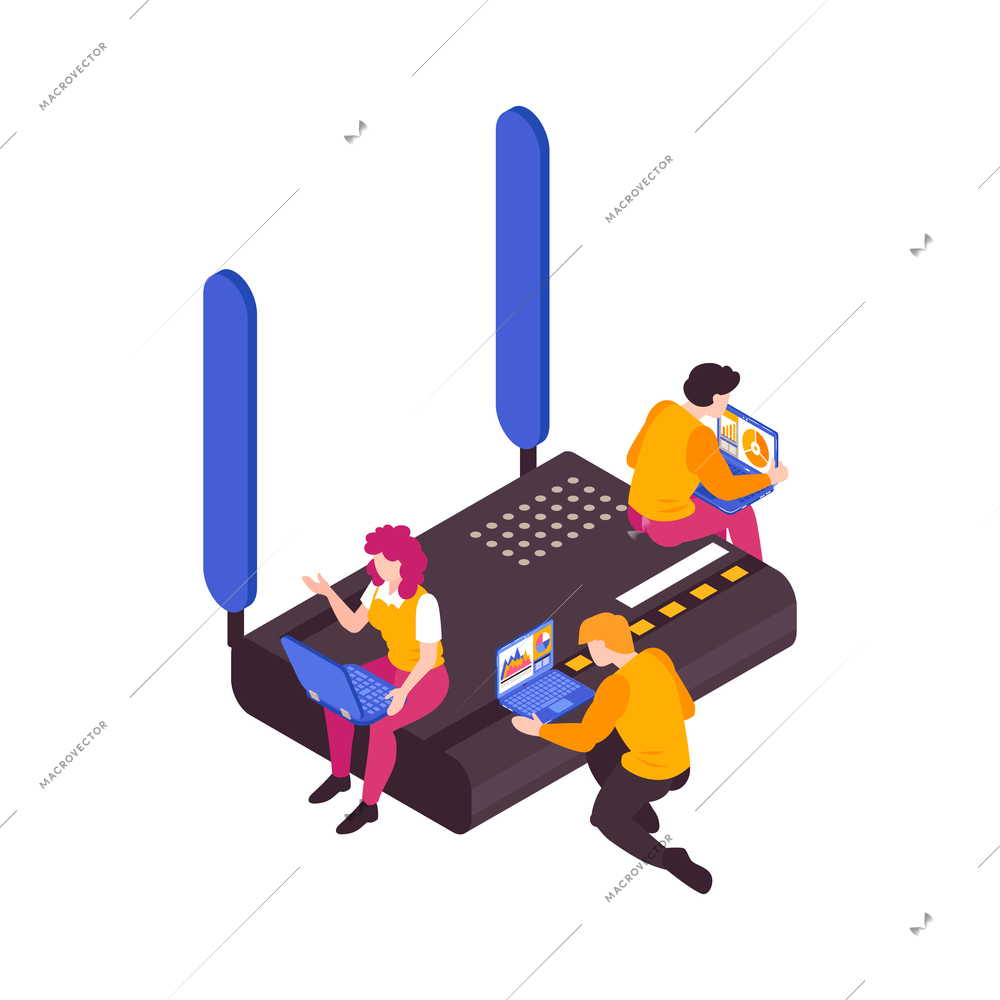 Isometric 5g internet color wireless gadgets and people vector illustration