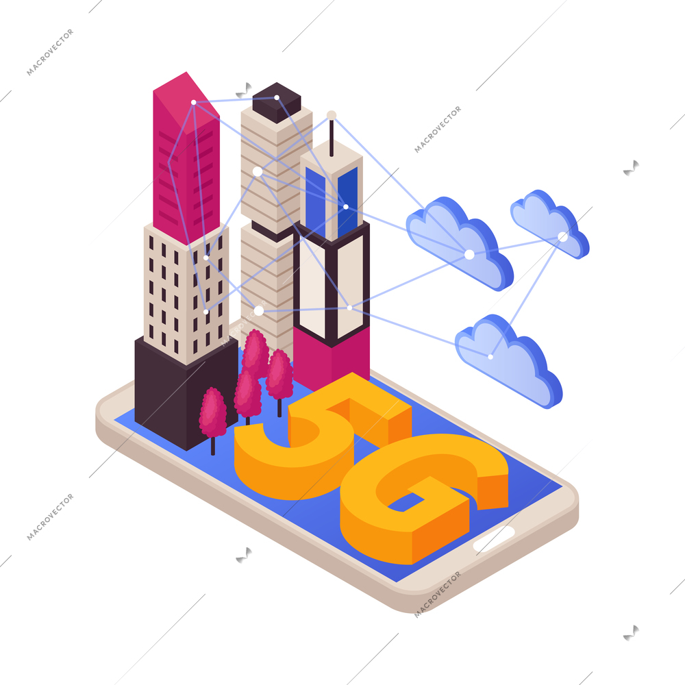 Isometric 5g internet color wireless gadgets with antenna symbols vector illustration