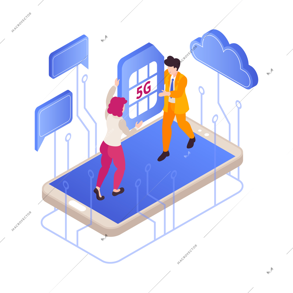 Isometric 5g internet color wireless gadgets and people vector illustration