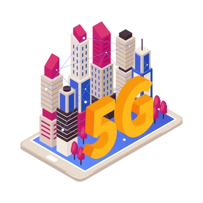 Isometric 5g internet color wireless gadgets and people vector illustration