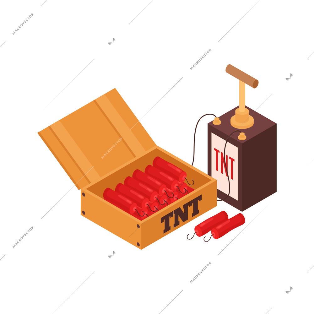 Isometric gold mining rush with explosives vector illustration