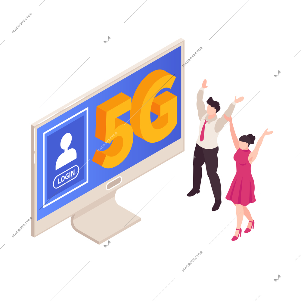 Isometric 5g internet color wireless gadgets and people vector illustration