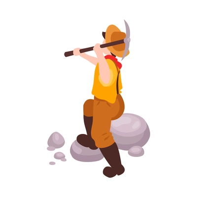 Isometric gold mining with character of miner vector illustration