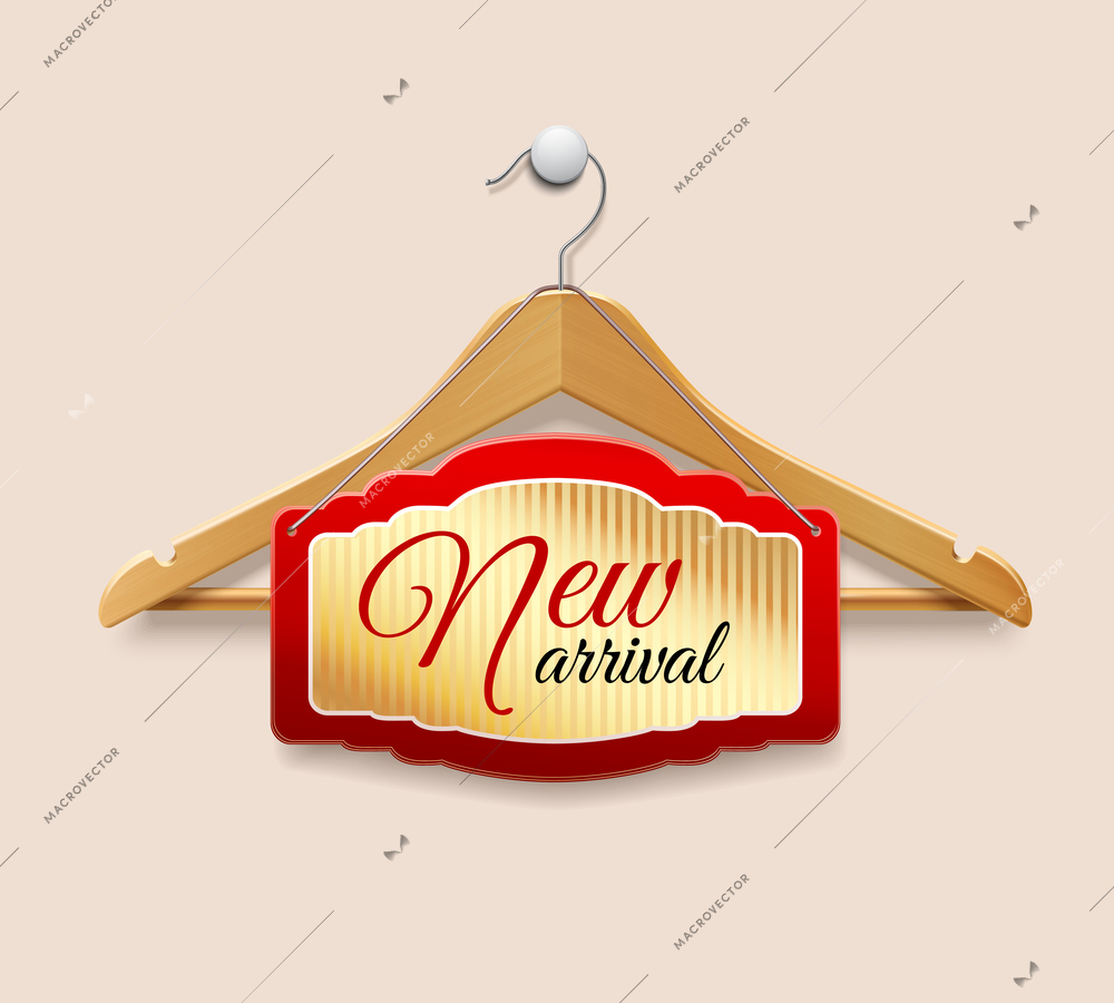 Clothes wooden hanger with promotion commercial label plate isolated 3d vector illustration