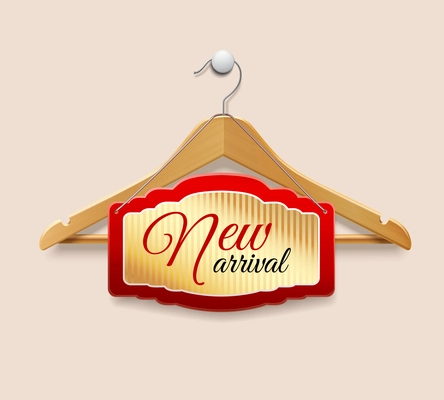 Clothes wooden hanger with promotion commercial label plate isolated 3d vector illustration