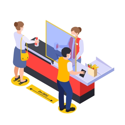 Social distancing in public areas during pandemic isometric vector illustration