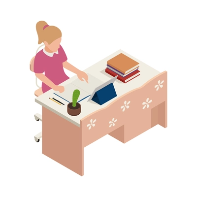 Homeschooling isometric with student at online lessons 3d vector illustration