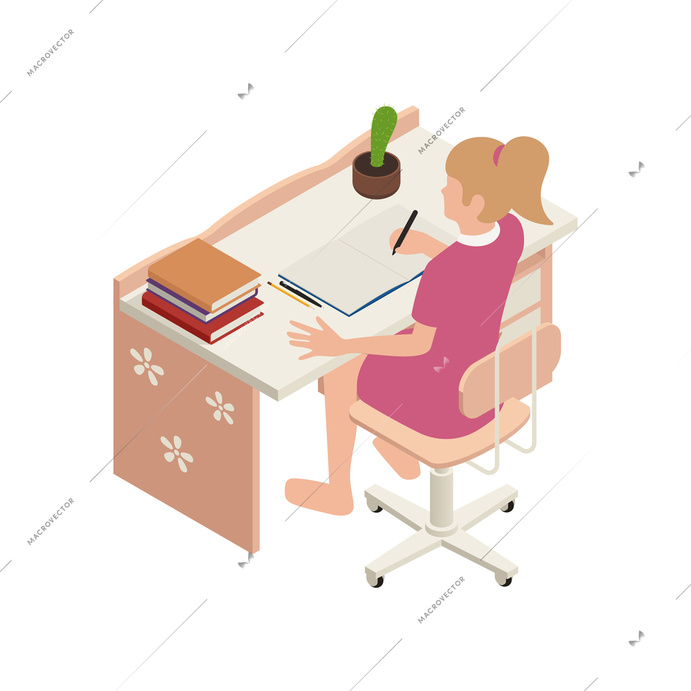 Homeschooling isometric with student at online lessons 3d vector illustration