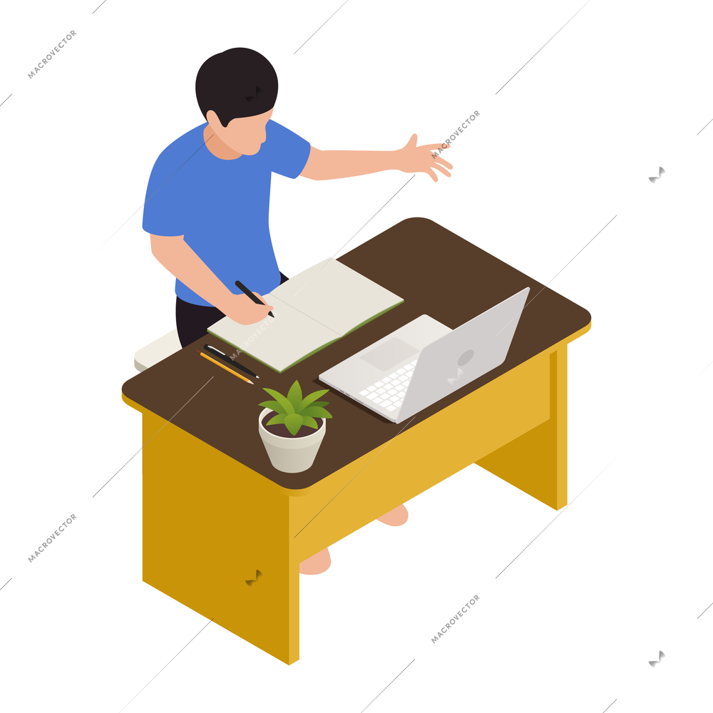 Homeschooling isometric with student at online lessons 3d vector illustration