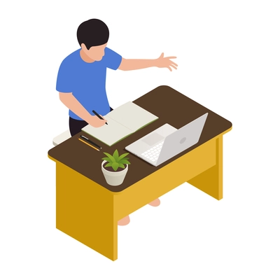 Homeschooling isometric with student at online lessons 3d vector illustration