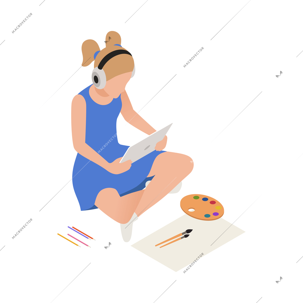 Homeschooling isometric with student at online lessons 3d vector illustration