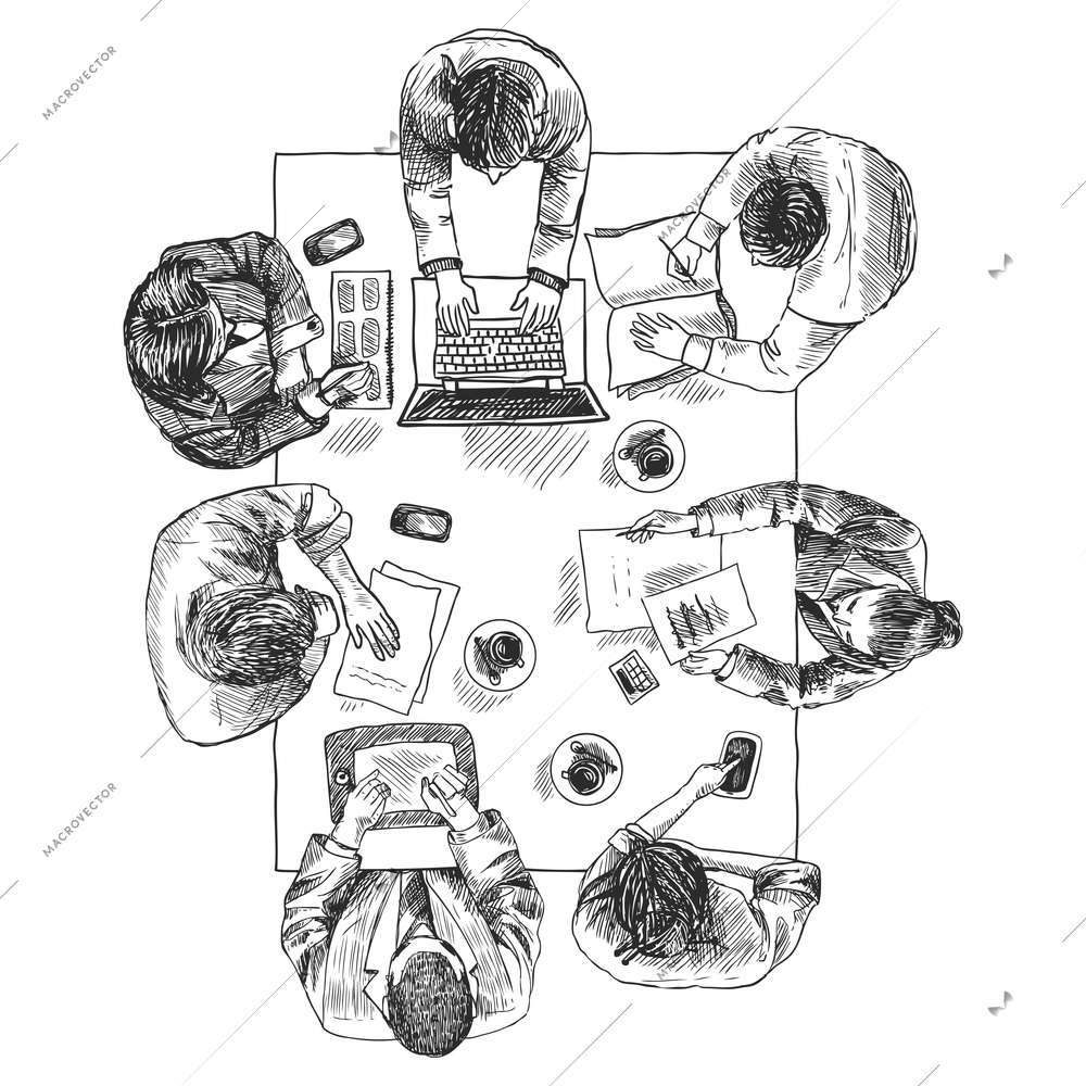 Business meeting concept top view people sitting on squared table sketch vector illustration