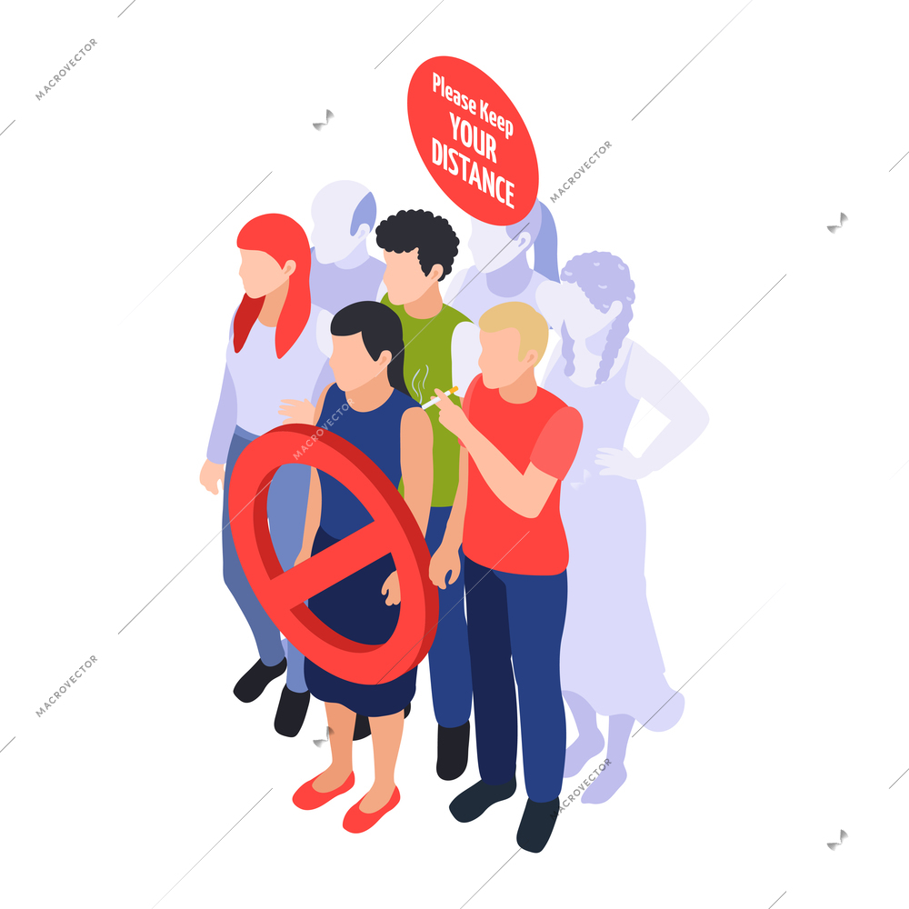 Social distancing in public areas during pandemic isometric vector illustration