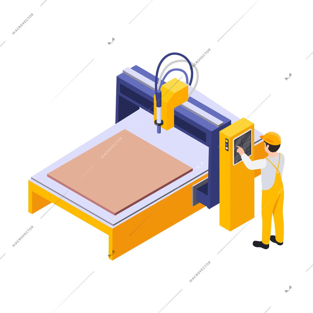 Furniture production isometric maker engaged in process of wood sawing drilling isolated vector illustration