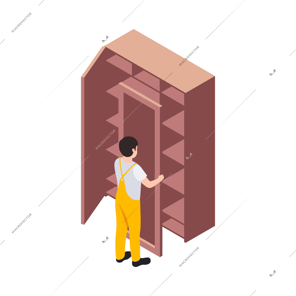 Handcraft furniture production isometric maker engaged in process of assembly isolated vector illustration