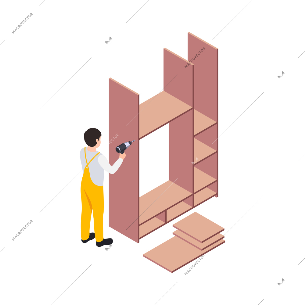 Handcraft furniture production isometric maker engaged in process of polishing surface isolated vector illustration