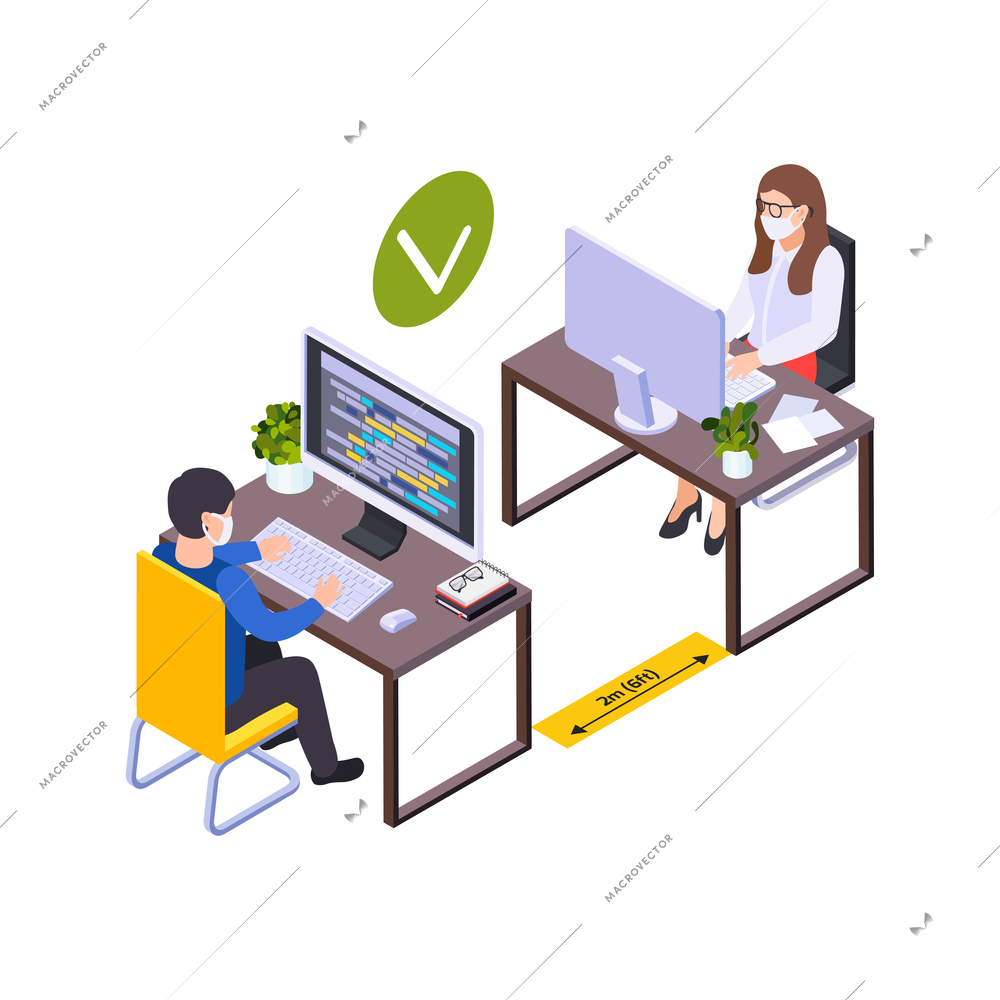 Social distancing for people in public areas during pandemic isometric vector illustration