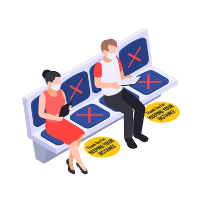 Social distancing for people in public areas during pandemic isometric vector illustration