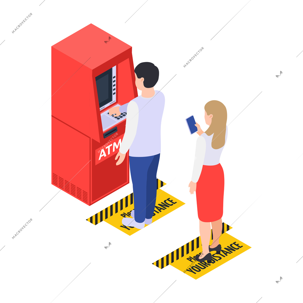 Social distancing and space for safety for people in public areas during pandemic isometric vector illustration