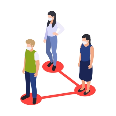 Social distancing and space for safety for people in public areas during pandemic isometric vector illustration