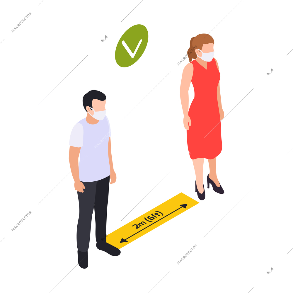 Social distancing and space for safety for people in public areas during pandemic isometric vector illustration