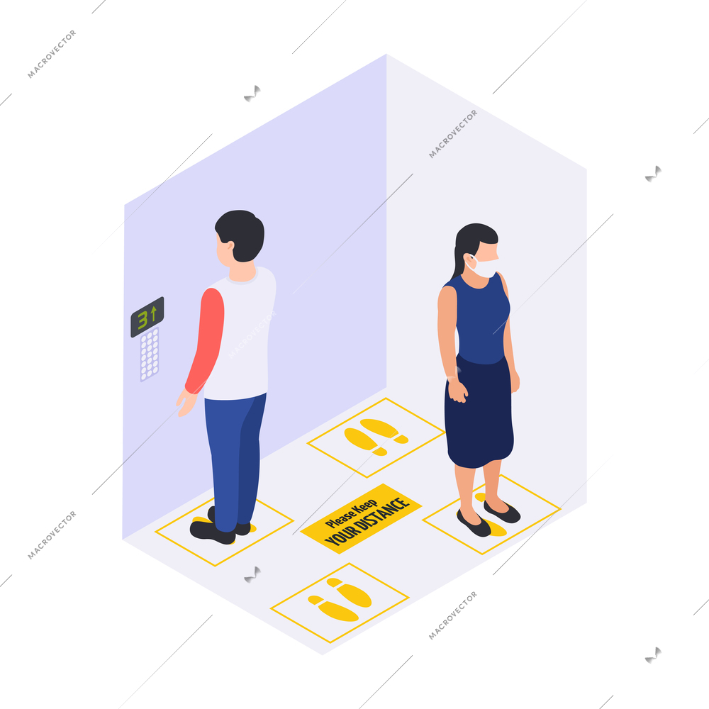 Social distancing and space for safety for people in public areas during pandemic isometric vector illustration