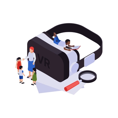 STEM education isometric symbols virtual reality glasses vector illustration