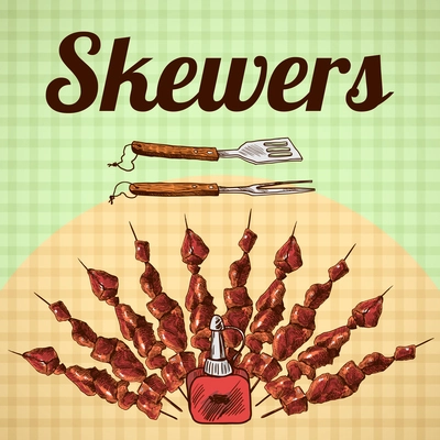 Meat skewers and bbq tools on squared background sketch poster vector illustration.