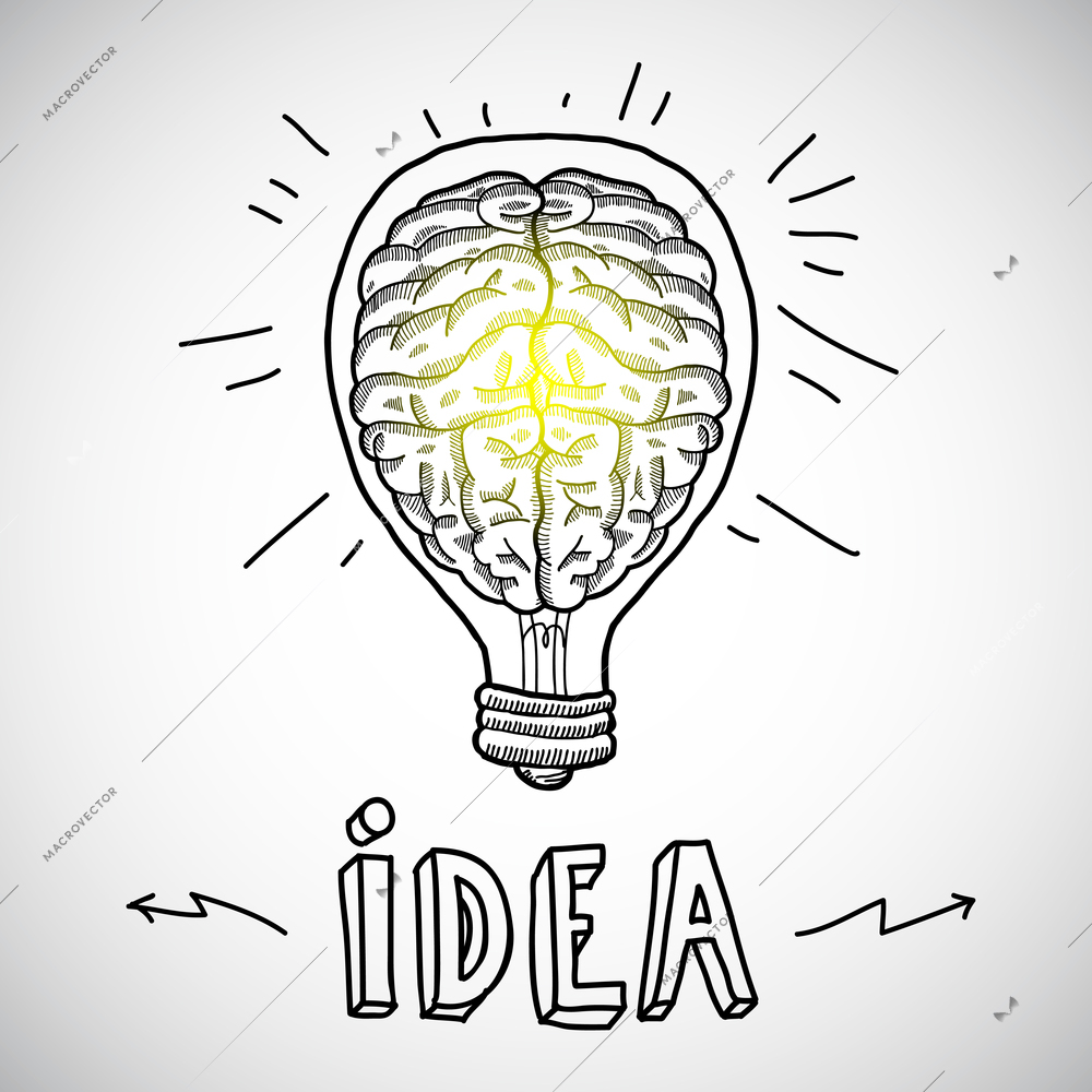 Human brain in lightbulb idea concept sketch vector illustration