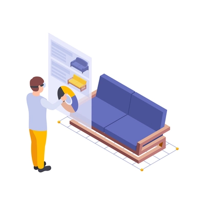 Furniture production isometric maker engaged in process of design isolated vector illustration