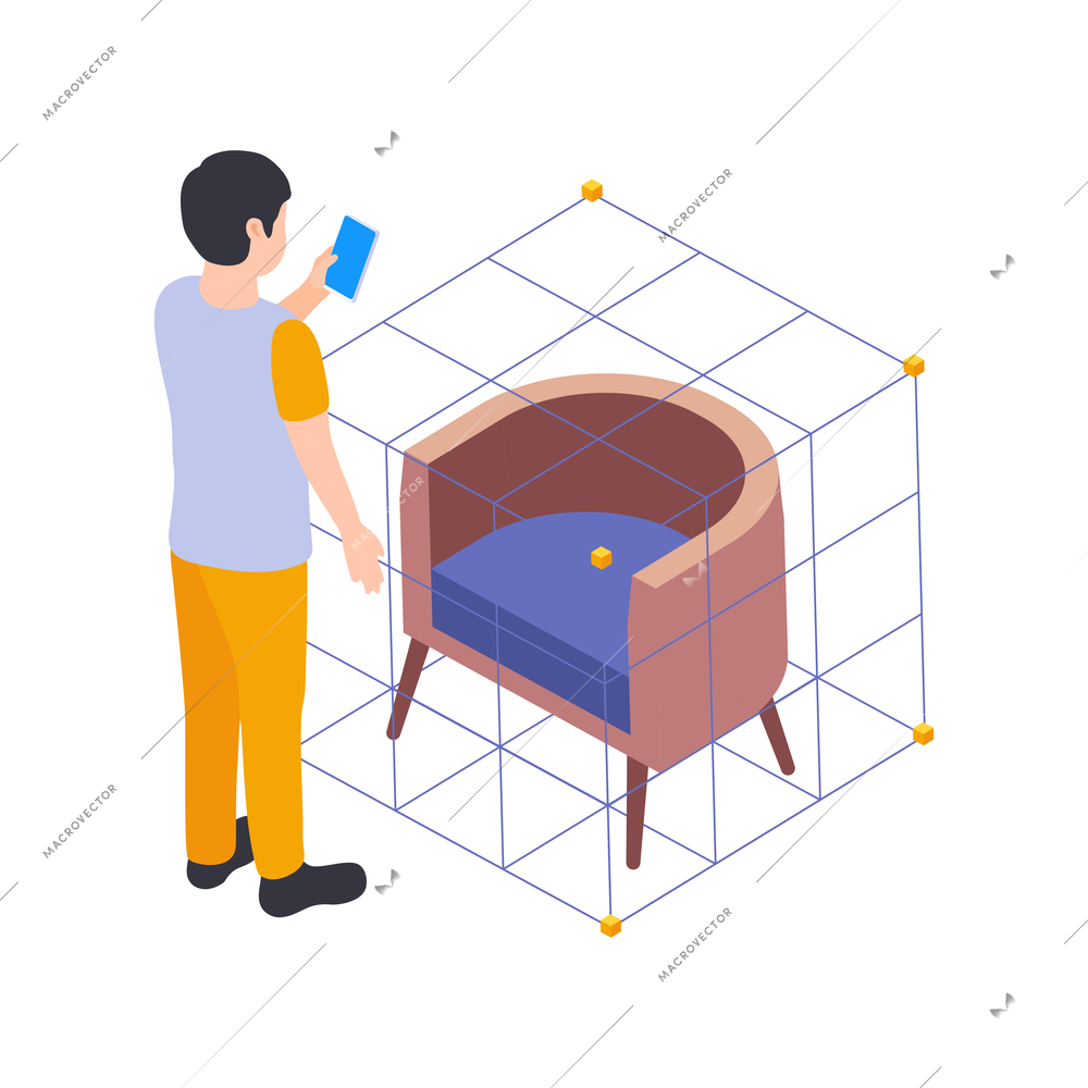 Furniture production isometric maker engaged in process of design isolated vector illustration